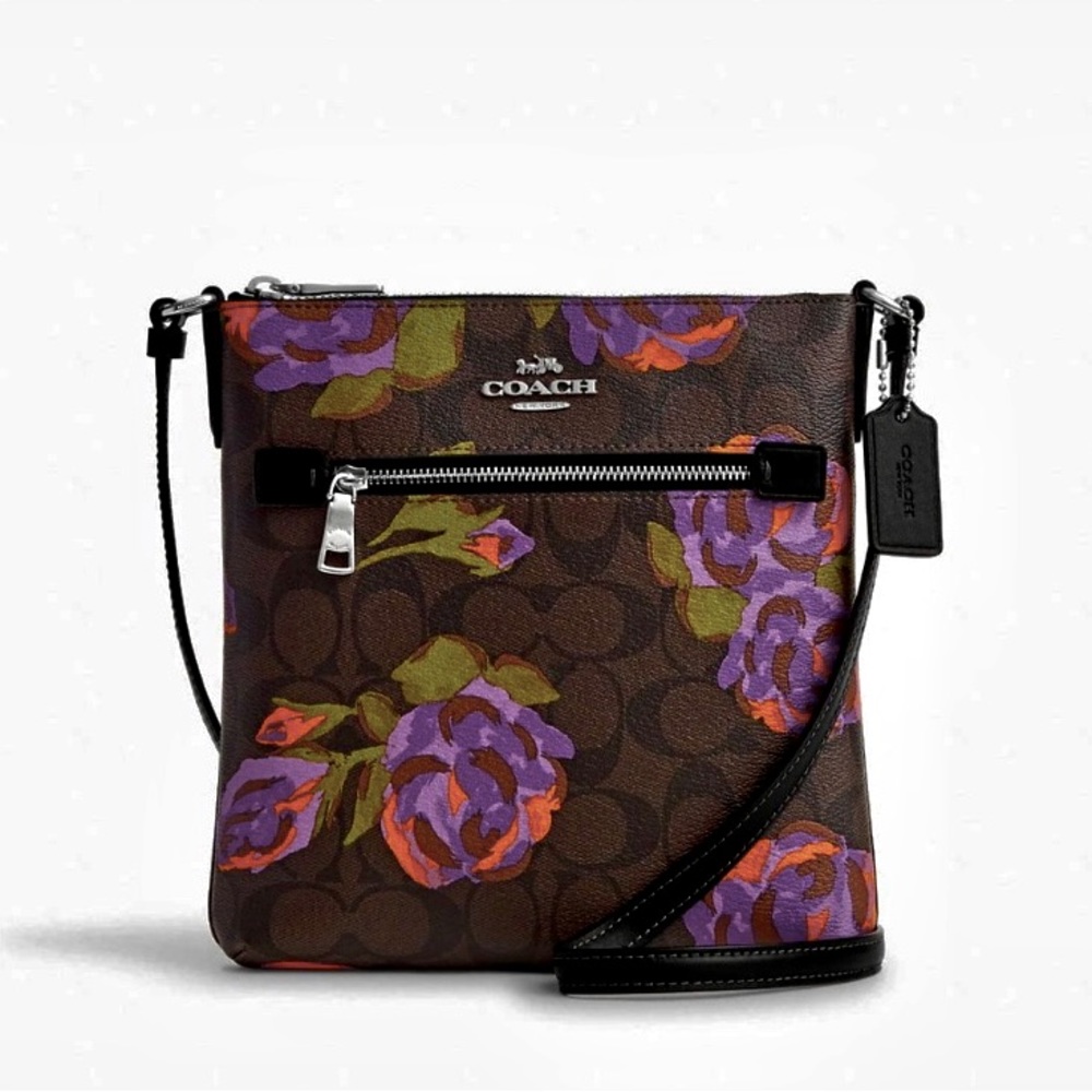 NWT Coach CL660 Mini Rowan File Bag Signature Canvas with Rose Print Crossbody